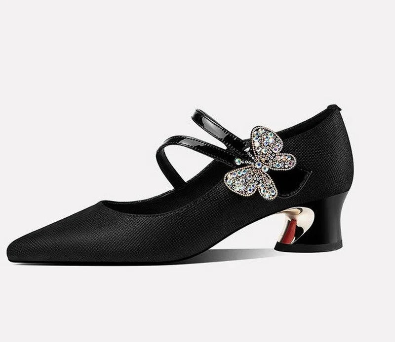 LIZAKOSHT  -  Leather Mid Heels,Office Lady Work Shoes,Women Pumps,Rhinestone Bowtie,Vogue Pointed Toe,34-40,Blue,Black,Dropship