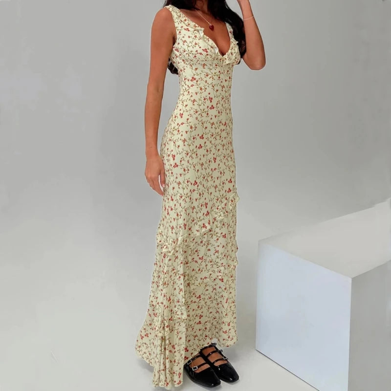 LIZAKOSHT  -  Floral Print Sexy V Neck Ruffles Elegant Bodycon Maxi Dresses Spring Fashion Holiday Streetwear Party Women Vestidos