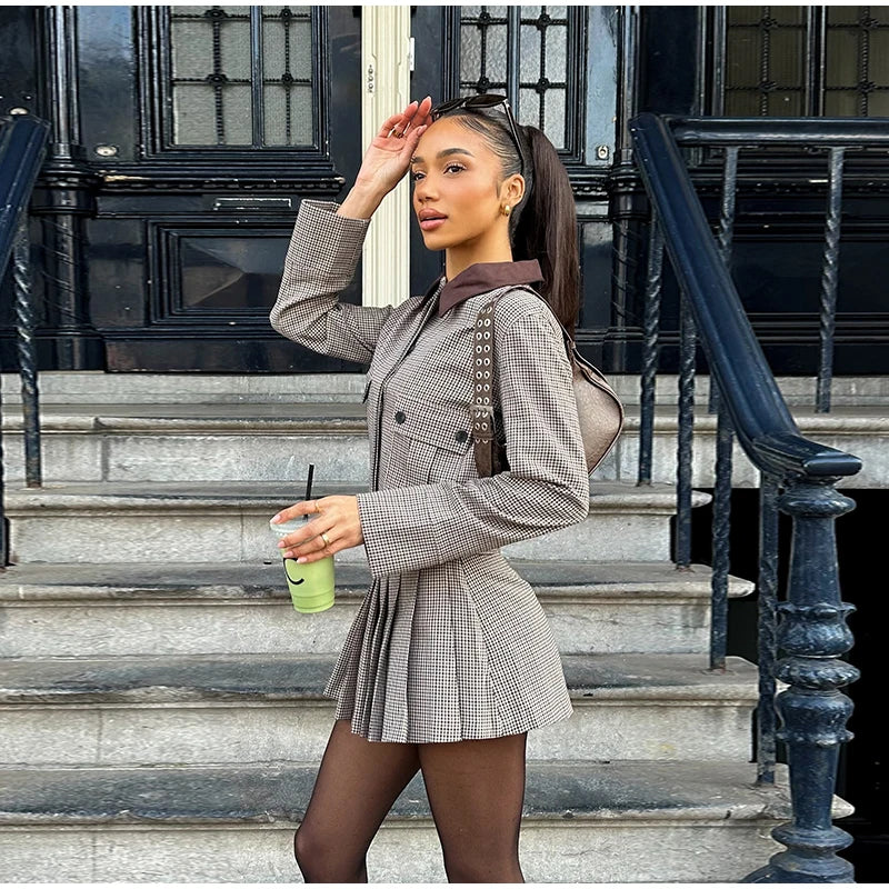 LIZAKOSHT  -  Plaid Short Jacket Pleated Skirt Set Women Chic Street Patchwork Collar Jackets Straight Pant 3 Piece Sets Lady Spring Outfit