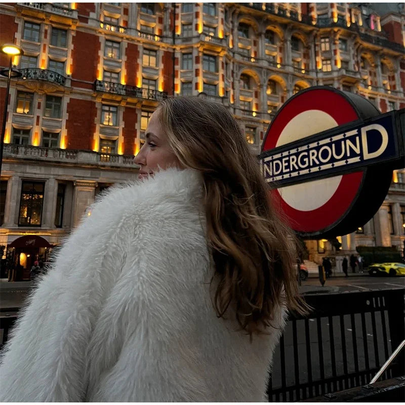 LIZAKOSHT  -  Women White Faux Fur Short Coat Elegant Lapel Collar Long Sleeve Loose Outerwear Lady New Winter Warm High Street Jacket 2025