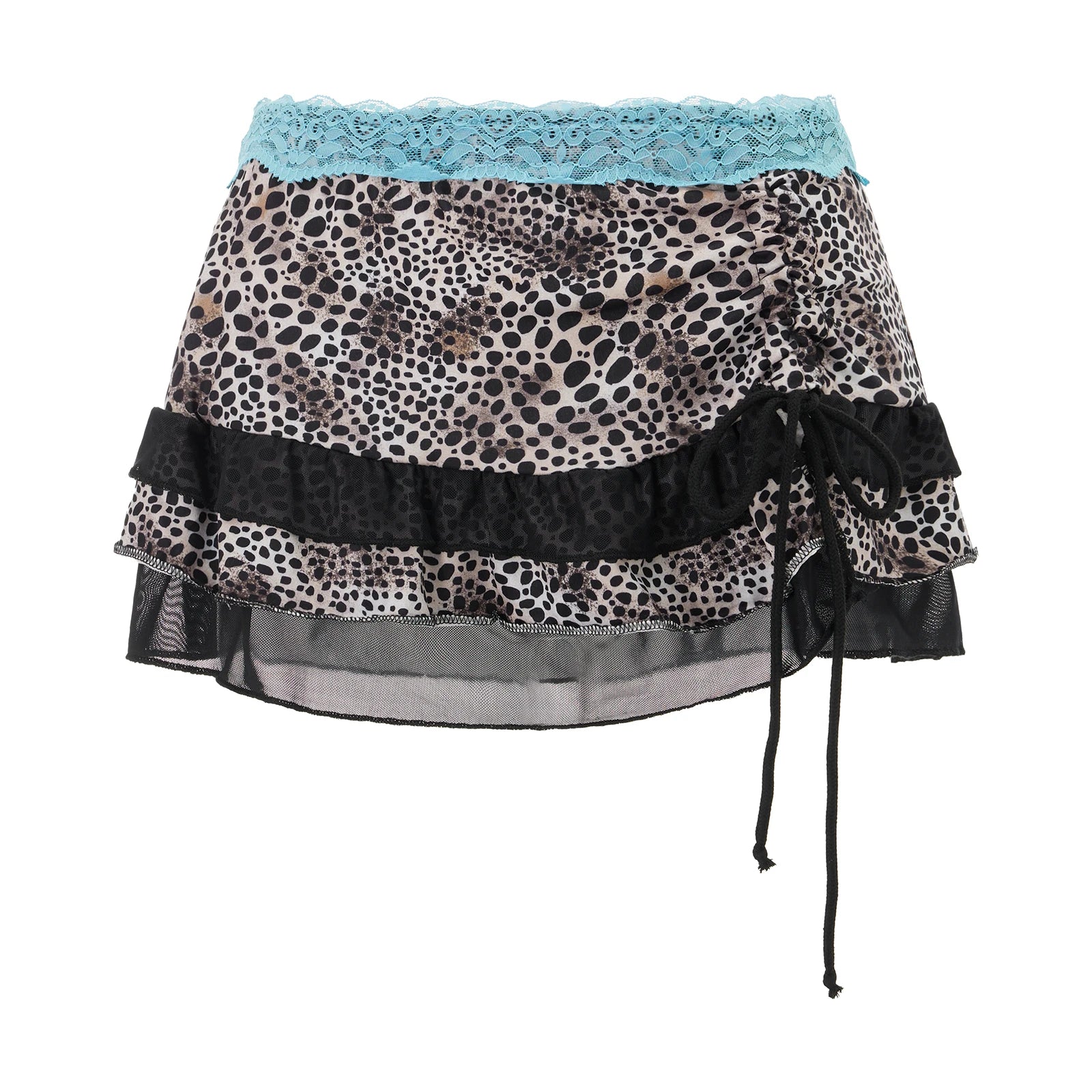 LIZAKOSHT  -  00s Vintage Aesthetic Mini Skirt Coquette Women Fairy Lace Trim Low Rise Short Skirt Y2k Leopard Print Tiered Miro Pencil Skirt