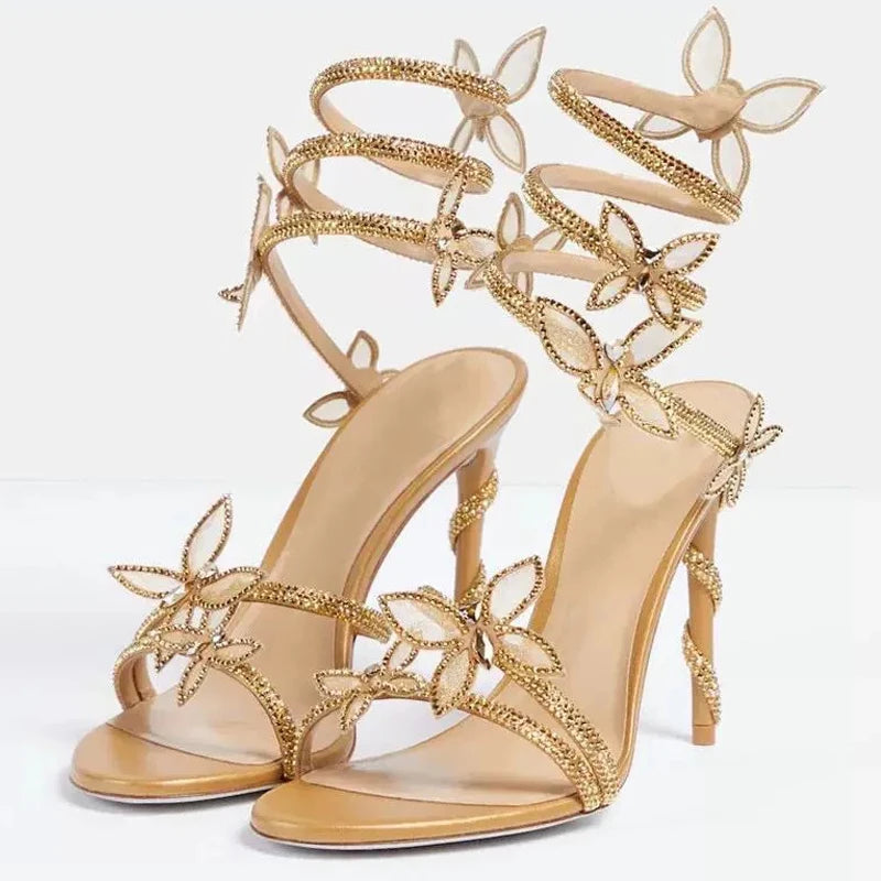 LIZAKOSHT  -  Sexy CRYSTAL Flower Thin High Heels Women Sandals Street Style Narrow Band Ankle Strap Pole Dancing Ladies Shoes