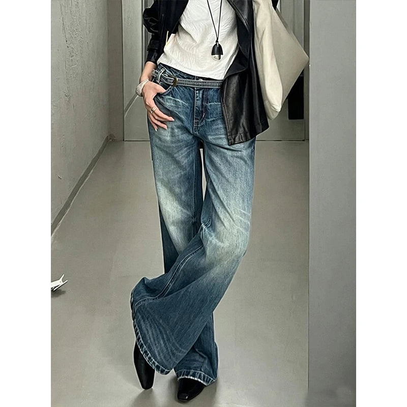 LIZAKOSHT  -  Y2K Slim FWomen's Vintage Tie Dye Blue Straight Jeans Street Style Trousers Cool Girl Casual Bottoms Female High Waist Wide Leg