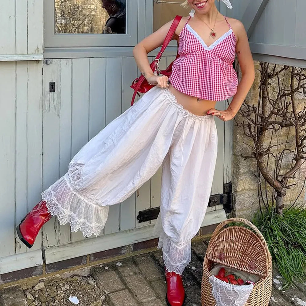 LIZAKOSHT  -  Autumn Lace Patchwork Casual Long Pants For Women Fashion Ruched Sexy Elastic Lace-up Loose Long Pants Female Outfits