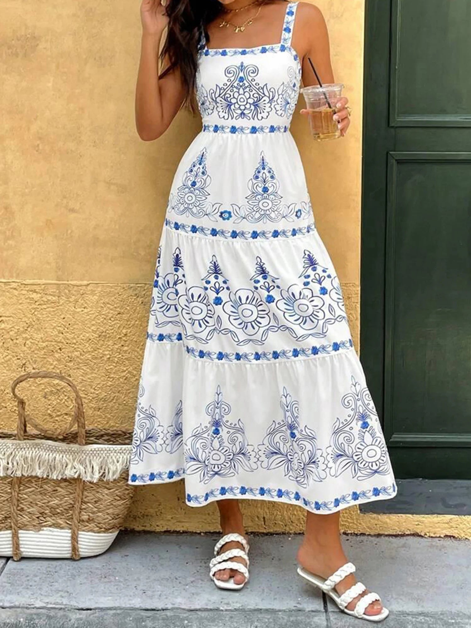 LIZAKOSHT  -  Women s Ruffled Maxi Dress Sleeveless Boho Floral Print A-Line Dress Summer Flowy Beach Dress with Tiered Hem