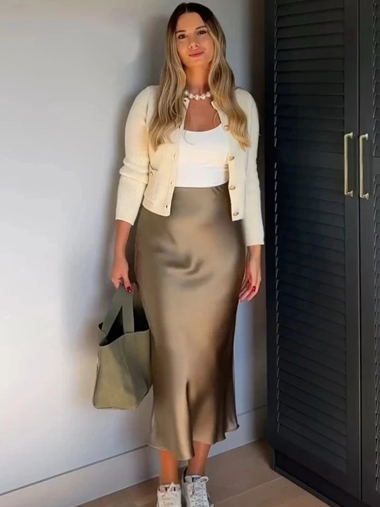 LIZAKOSHT  -  White High Waist Slim Maxi Skirt For Women Satin Fashion Elegant Solid Patchwork Casual Clothes Summer Long Skirt New