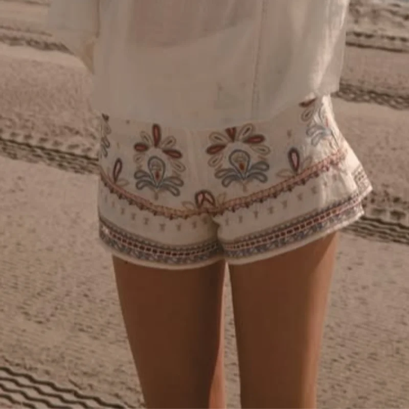LIZAKOSHT  -  Bohemian Eyelet Lace Trim Short Sleeve Loose Top High Waist Summer Bohemian Beach Vacation Chic Linen-Blend Casual Outfit