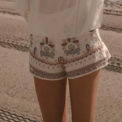 LIZAKOSHT  -  Bohemian Eyelet Lace Trim Short Sleeve Loose Top High Waist Summer Bohemian Beach Vacation Chic Linen-Blend Casual Outfit
