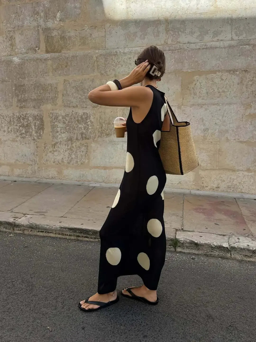 LIZAKOSHT  -  Retro Large Polka Dots Sleeveless Dress Women Chic Round Neck Off-shoulder Slim Midi Dresses Lady Holiday Street Vestidos