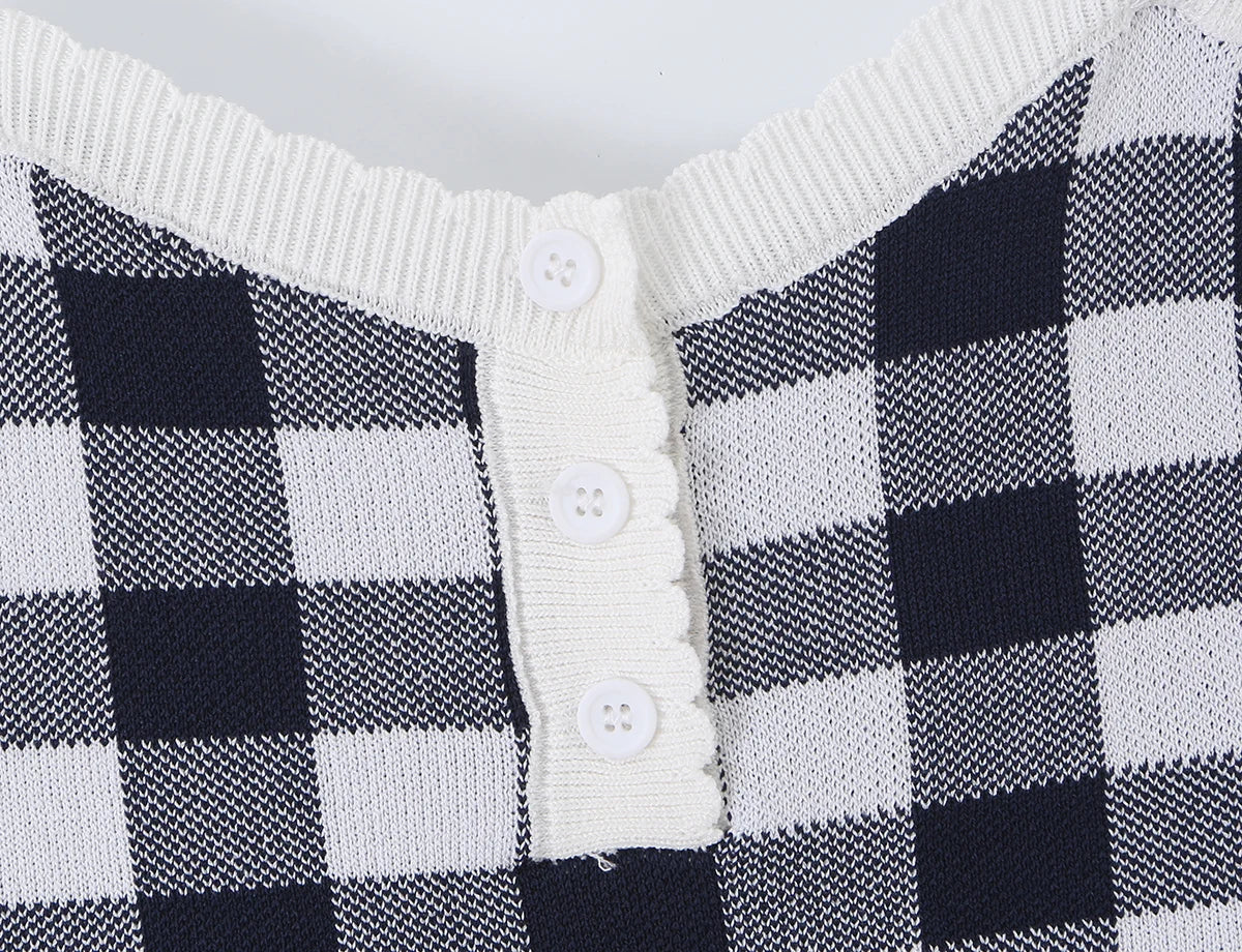 LIZAKOSHT  -  Autumn Black White Plaid Gingham Knitted Sling Dress Open Buttons V neck Package Hips Short Dresses Skinny Robe Vestidos