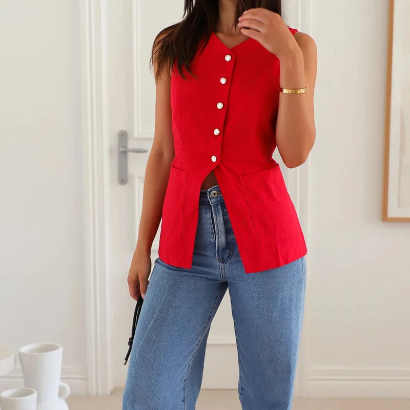 LIZAKOSHT  -  Trendy Leisure Sleeveless O-neck Open Front Tops Elegant Lady multi-color Tank Tops Temperament Single Breasted Commute Camisole