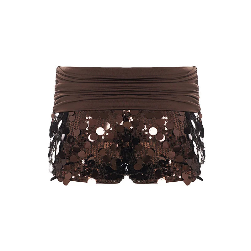 LIZAKOSHT  -  Ruched Sparkly Sequin Mini Shorts High Stretch Low Rise Slim Wrap Waist Spring Summer Chic Party Lady Wome Sexy Outfit