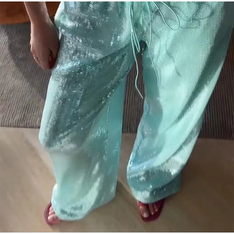 LIZAKOSHT  -  Chic Sequined Long Pants For Women High Waist  Lace Up Ankle-length Loose Trousers 2025 Spring Summer Fashion Female Y2k Pant