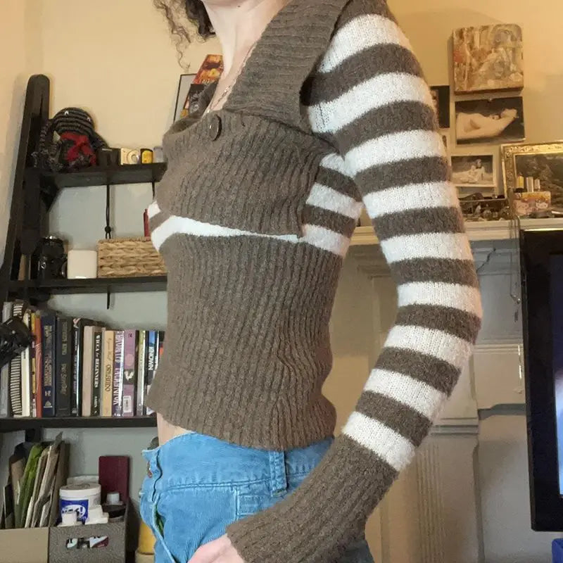 LIZAKOSHT  -  Sweater Contrast Striped Diagonal Collar American Retro Female Slim Slim Hot Girl Sweater Short Coat Tide