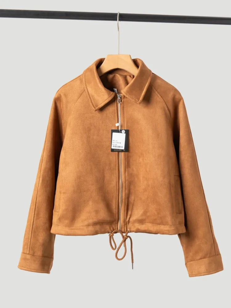 LIZAKOSHT  -  Suede Short Jacket Women Fashion Brown Zipper Long Sleeves Front With Drawstring Hem Pockets Outerwear New Autumn Winter