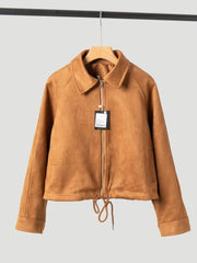 LIZAKOSHT  -  Suede Short Jacket Women Fashion Brown Zipper Long Sleeves Front With Drawstring Hem Pockets Outerwear New Autumn Winter