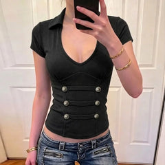 LIZAKOSHT  -  American Summer High Street Sweet Cool Women T Shirts Y2k Turn Down Collar Short Sleeve Slim Clothes Punk Vintage Harajuku Tops