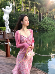 LIZAKOSHT  -  Pink Print Elegant Fairy Dress Women Chiffon Sweet Vintage Beach Midi Dress Female Ruffle Casual Korean Style Strap Dress