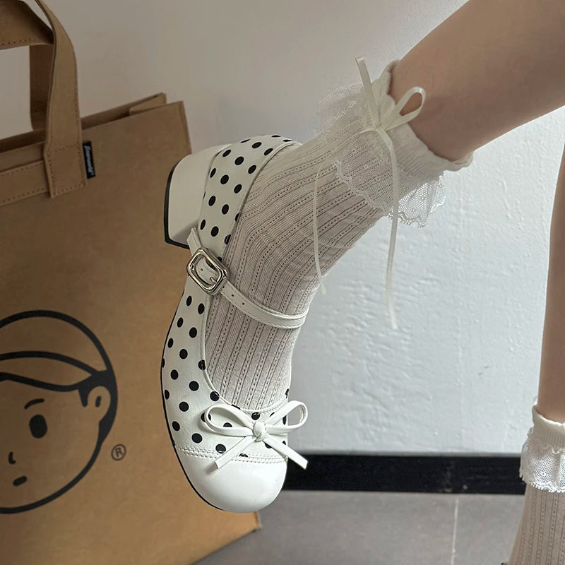 LIZAKOSHT  -  Cute Polka Dot Thick Heel Women Mary Jane Shoes Designer Buckle Strap Pumps Ladies Eelgant Butterfly-knot Dress Single Shoes