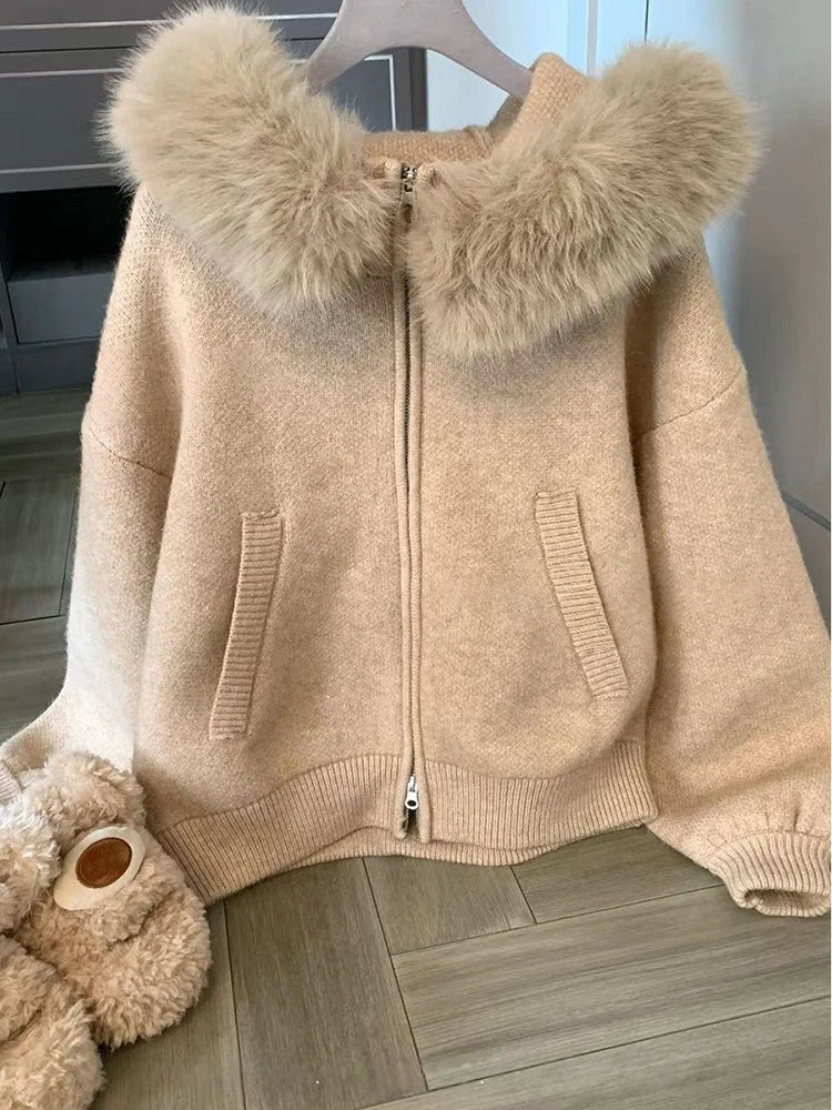 LIZAKOSHT  -  Women Hooded Crop Knitted Cardigan Autumn Winter Loose Lazy Wind Casual Sweater Fur Collar Patchwork Soft Female Preppy Outwear