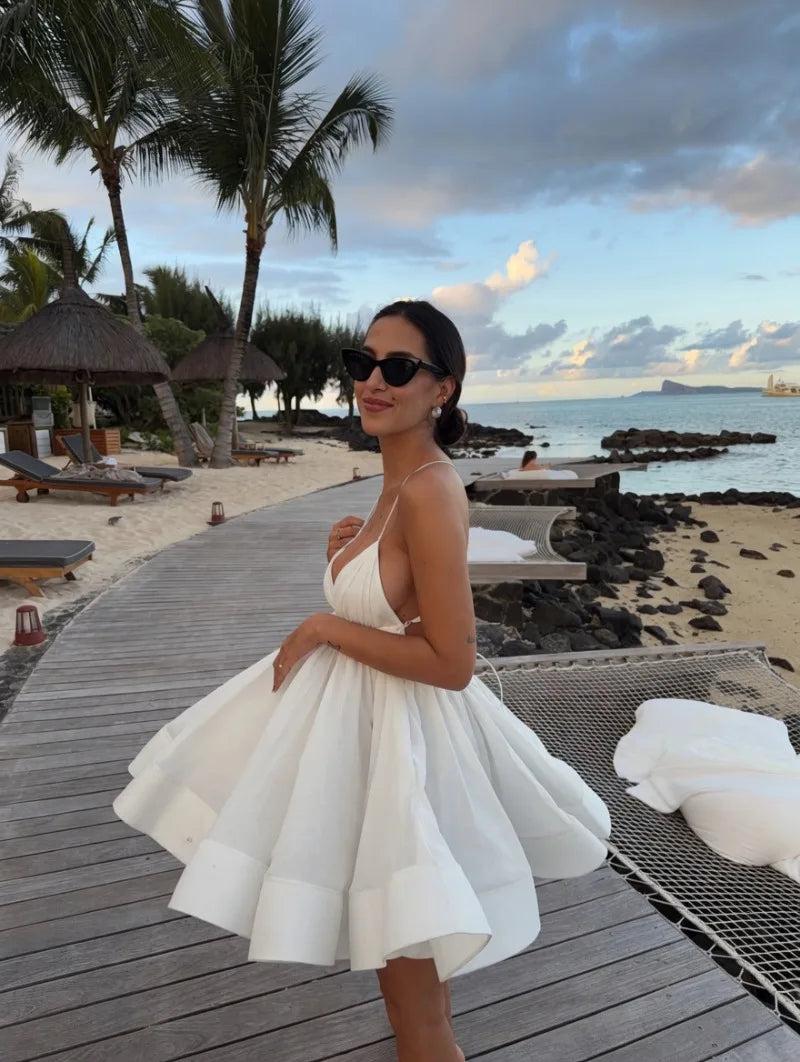 LIZAKOSHT  -  Vacation Beach Dress For Women Summer Sexy Deep V Neck Loose Solid Camisole Dresses Fashion Bandage Backless Ruffle Party Dress