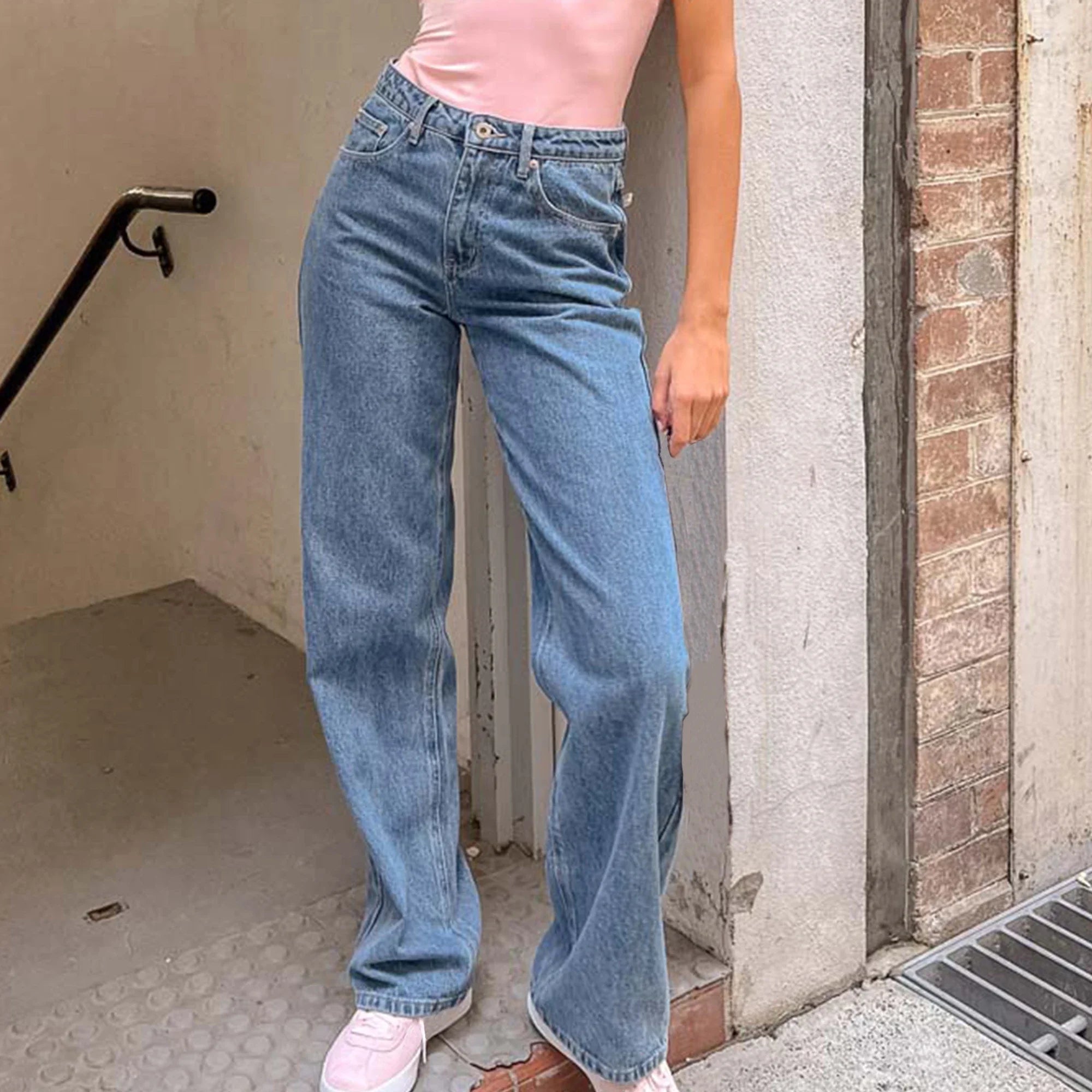 LIZAKOSHT  -   Vintage Women Mid Rise Baggy Jeans Fashion Casual 3D Bow Straight Leg Denim Pants with Pockets Y2K Retro Streetwear
