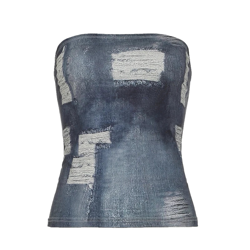 LIZAKOSHT  -  Fashion Imitation Denim Print Women Tube Top Y2K High Street Chic Fitted Sleeveless Crop Top Summer Sexy Tank Tops