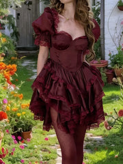 LIZAKOSHT  -  Elegant Sweetheart Burgundy Puff Sleeve Asymmetrical Formal Evening Dresses Birthday Party Prom Gowns Customized