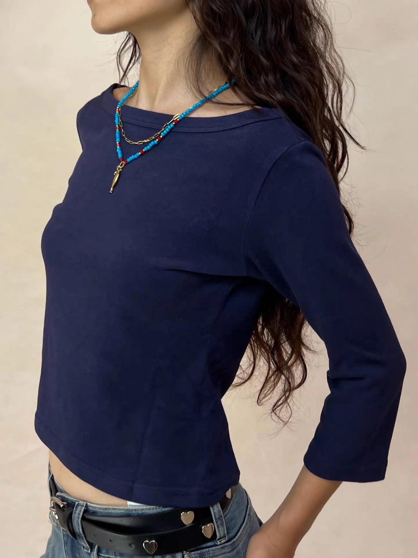 LIZAKOSHT  -  Solid Basic Three Quarter Sleeve T-shirts Woman Autumn Slash Neck Cotton Slim Crop Top Female Casual Simple All-match Tee Shirts