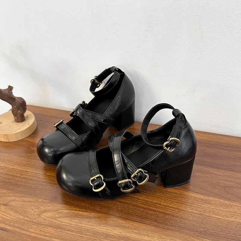 LIZAKOSHT  -  Design Cross Strap Women Mary Jane Shoes Fashion Thick Heel Shoes Autumn Ladies Outdoor Dress Stripper Leather Shoes