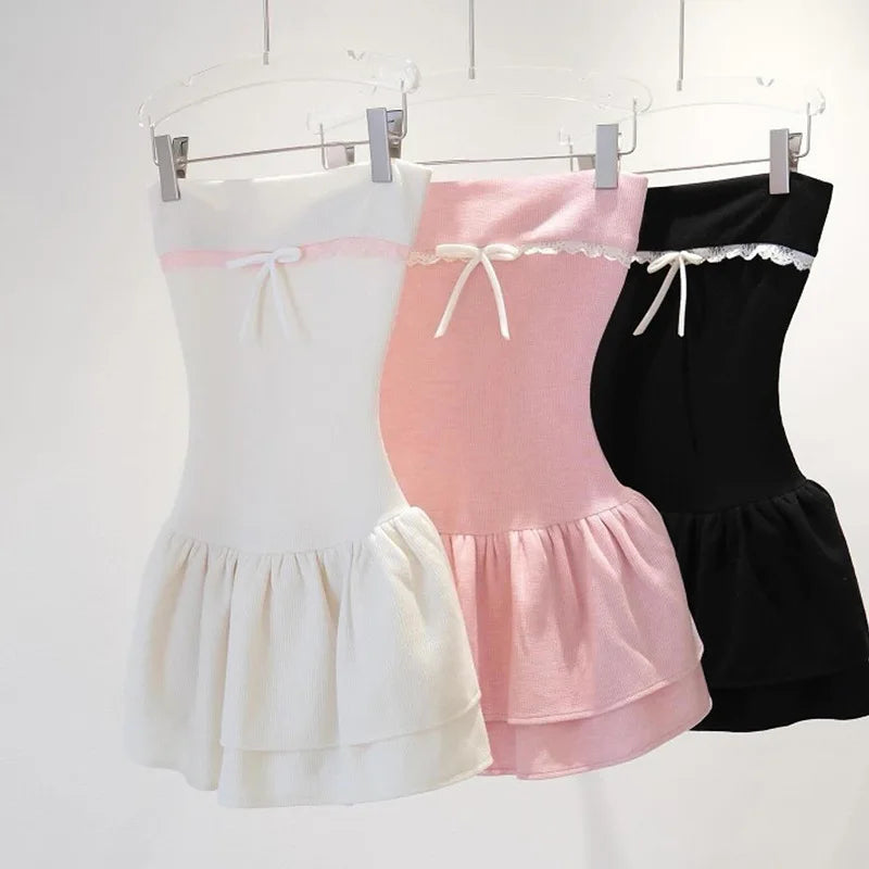 LIZAKOSHT  -  European American Style Summer New Women's Cloth Contrasting Color Splicing One-word Collar Chest-wrapped Ruffle Edge Slim Dress