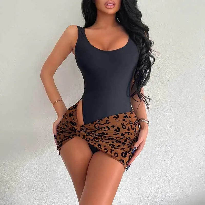 LIZAKOSHT  -  New Fashion Party Matching Outfits For Women 2 Sets U Neck Sleeveless Bodysuit+Leopard Mesh Ruched Skirts Female Y2k Clothing