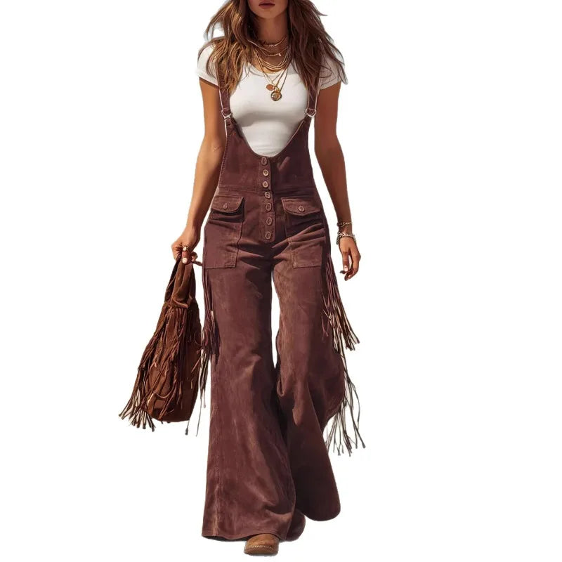 LIZAKOSHT  -  Best-selling Cross-border European and American Women's Retro Western Suede Fringed Wide-leg Overalls Workwear Pants Long Pants