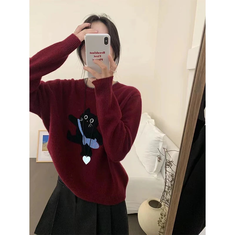 LIZAKOSHT  -  Cartoon Cat Sweater Women Kawaii Cute Print Knitted Pullovers Harajuku Korean Long Sleeve Knitwear Winter Red Jumpers New
