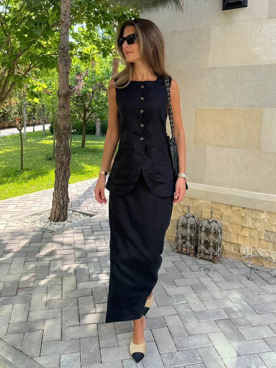 LIZAKOSHT  -  Women's Sleeveless Vest High Waisted Skirt 2-Piece Set Spring Summer New Linen Casual Suit Fashion Office Lady Vest Set