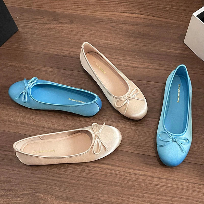 LIZAKOSHT -  Silk Ballets Flats Women Round Toe Bowtie Shoes Soft Roll-Up Loafers Femme Shallow Slip On Ballerinas Ladies Office Moccasins