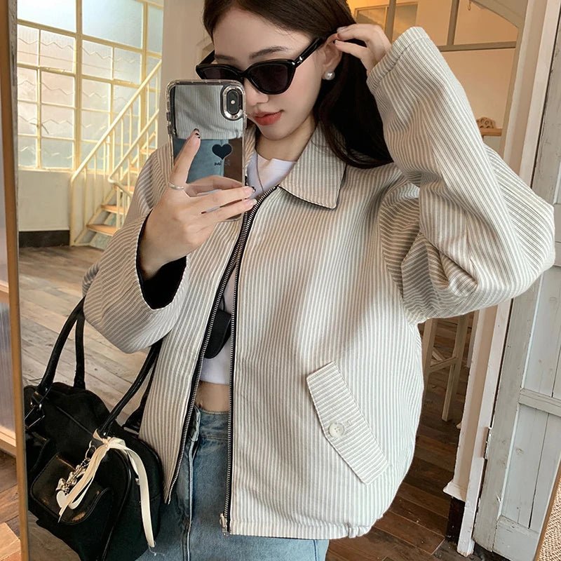 LIZAKOSHT  -  Reversible Jacket Women Spring Fall Simple Vintage Striped Baseball Zipper Chic Golf Outwear Harajuku Classic Commute Tops