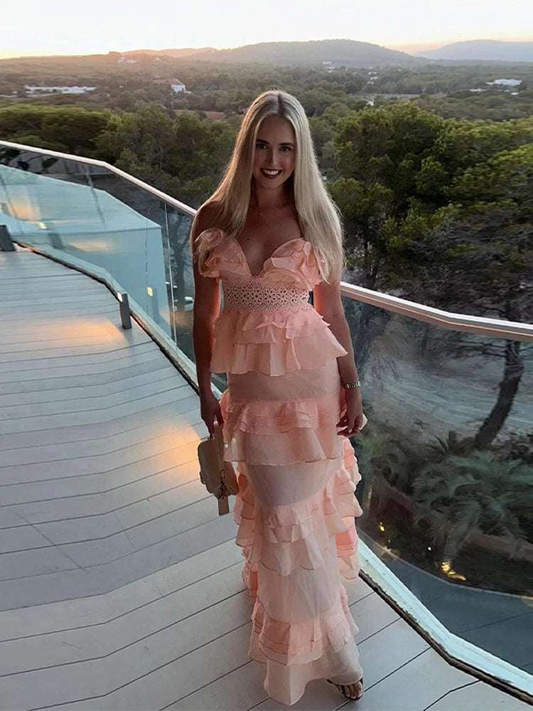 LIZAKOSHT  -  Cascading Ruffle Slip Women's Dress V-neck Sleeveless Hollow Out Waist Cinching Evening Party Dresses 2025 Summer Elegant Robe