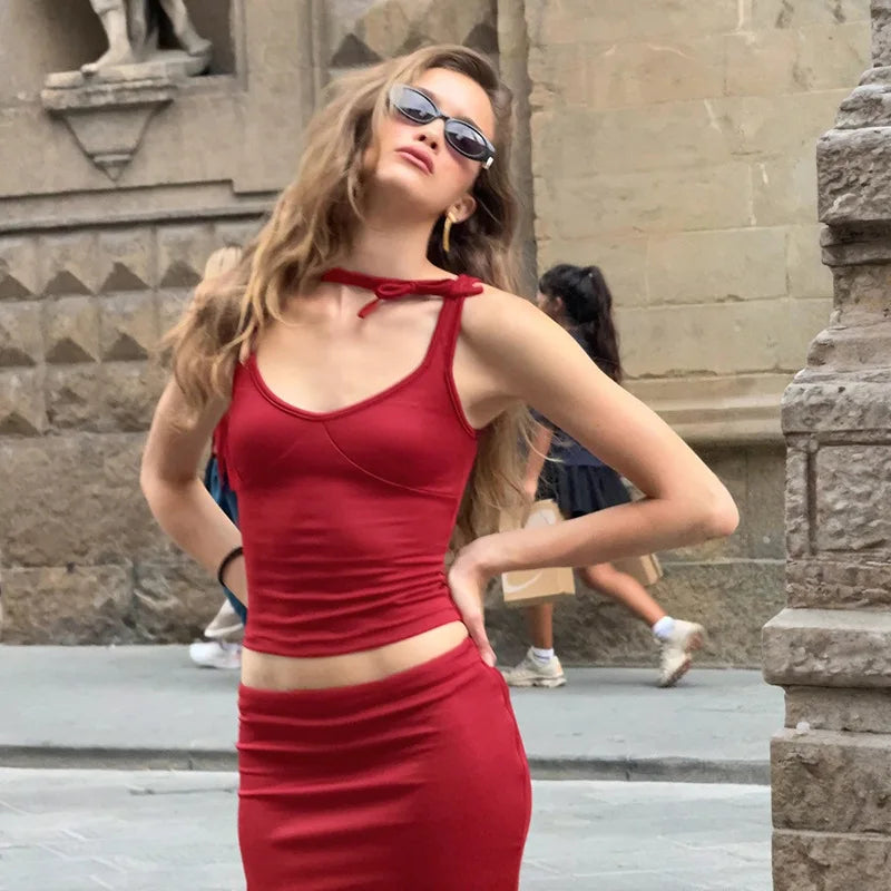 LIZAKOSHT  -  Womens Elegant Bowknot Sleeveless Tops+Midi Skirt Suit Summer Ladies Sexy Two-piece Dress Matching Sets Vacation Streetwear