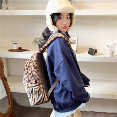 LIZAKOSHT  -  Women Faux Fur Leopard Fluffy Fashion Backpacks Large Capacity Students School Bag Vintage Commuter Backpack