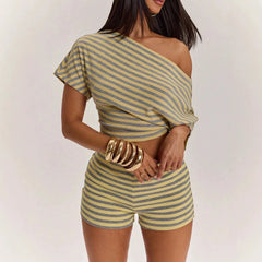 LIZAKOSHT  -  New Slim Fit Home Leisure Short Sleeve T-Shirt High Waist Shorts Set Comfortable Knitted Polyester And Spandex Casual Wear