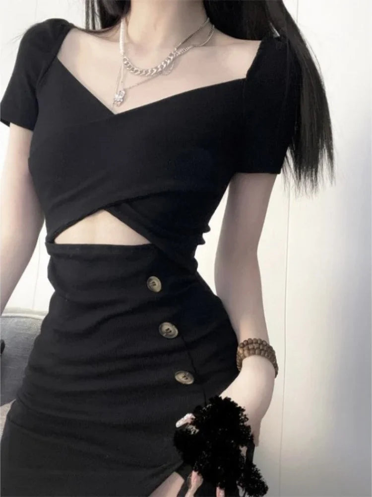 LIZAKOSHT  -  Black Sexy Dresses For Women Vestidos De Mujer Short Sleeve Hollow Out Korean Robe Femme Fashion Split Tunic Summer Dress