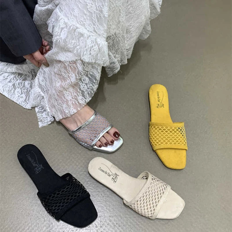 LIZAKOSHT  -  Summer Hollow Out Women Slippers Concise Open Toe Soft Sole Flats Slide Ladies Outdoor Dress Sandalias
