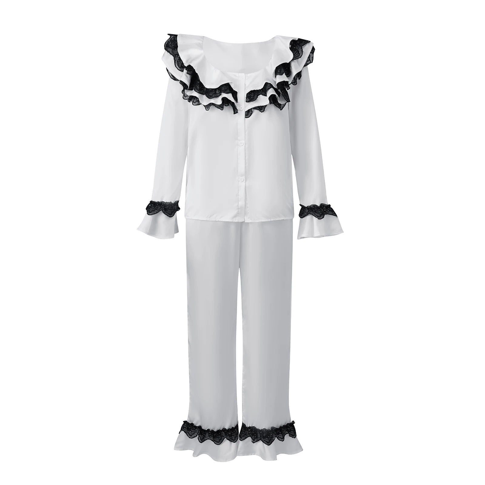 LIZAKOSHT  -  Women Satin Silk Pajamas Lace Trim Long Sleeve Turn Down Ruffles Button Up Blouse Tops + Pants Lounge 2 Pcs Set