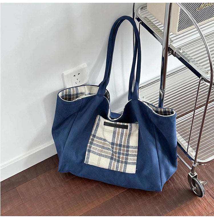 LIZAKOSHT  -  Autumn and Winter Woolen Plaid Shoulder Bag Double Sided Use Handbag Large Capacity Tote Bags For Women