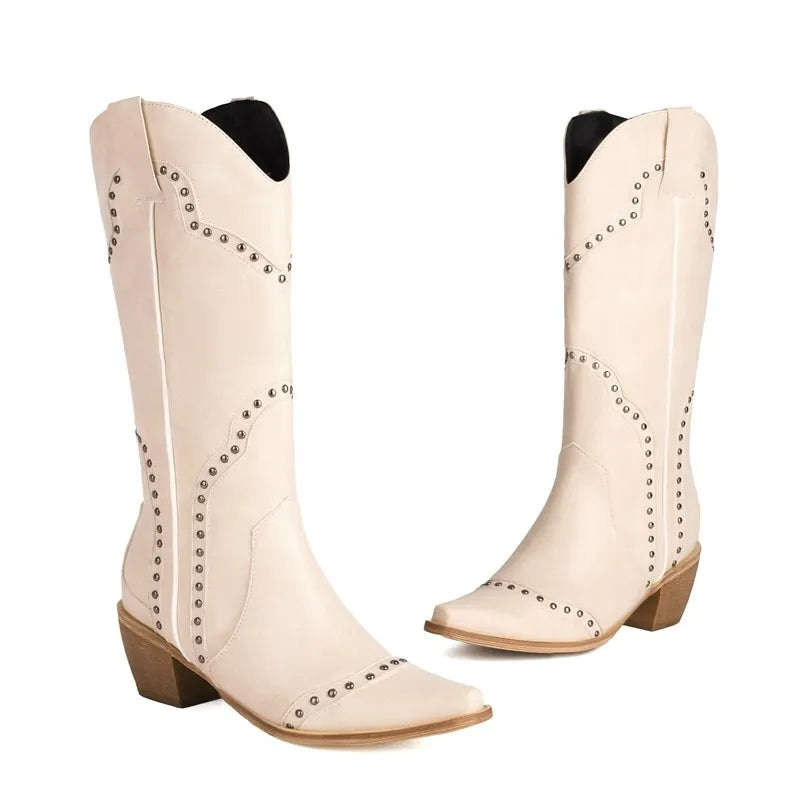 LIZAKOSHT -  New Fashion Retro Punk Rivets Western Boots Women Square Toe Chunky High Heels Slip On Mid-calf Riding Boots Large Size 41 42 43