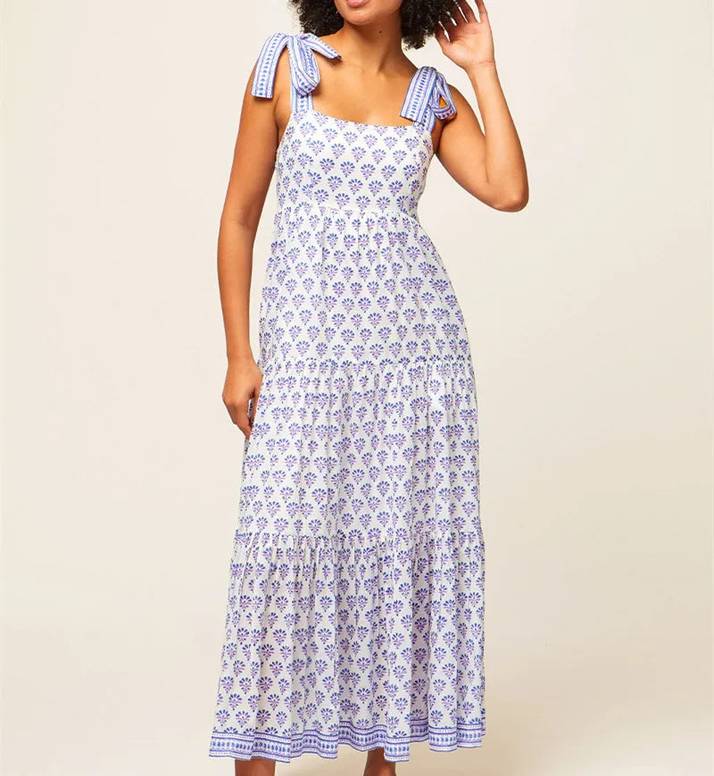 LIZAKOSHT  -  Women's Tie Shoulder Strap Dress Fashion Print Sleeveless Backless Long Flowy Dress for Summer Holiday Beach Sundress
