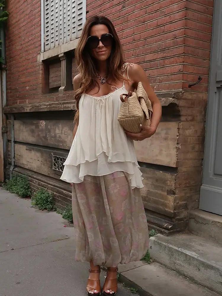 LIZAKOSHT  -  summer Women Loose-fitting Vest Casual Scoop Neck Sweet Spaghetti Strap Chiffon Blouses Ladies Ruffle Hem Flowy Cami Top