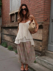 LIZAKOSHT  -  summer Women Loose-fitting Vest Casual Scoop Neck Sweet Spaghetti Strap Chiffon Blouses Ladies Ruffle Hem Flowy Cami Top