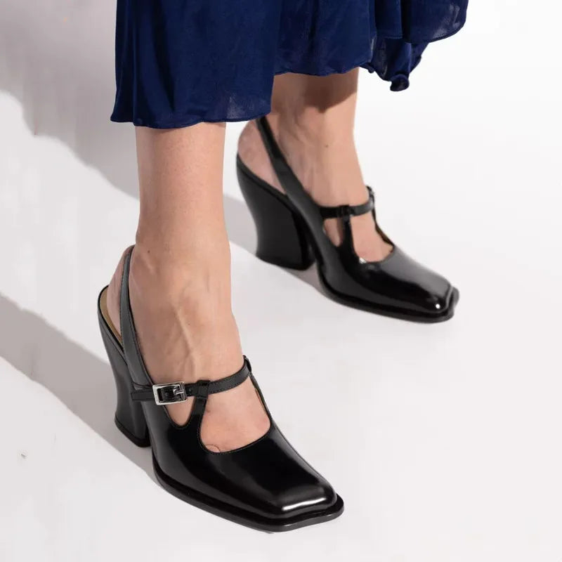 LIZAKOSHT  -  Fashion Black Patent Leather Mary Janes Slingbacks Women Pumps Spring Summer Wave Toe Chunky High Heels Office Lady Daily Shoes
